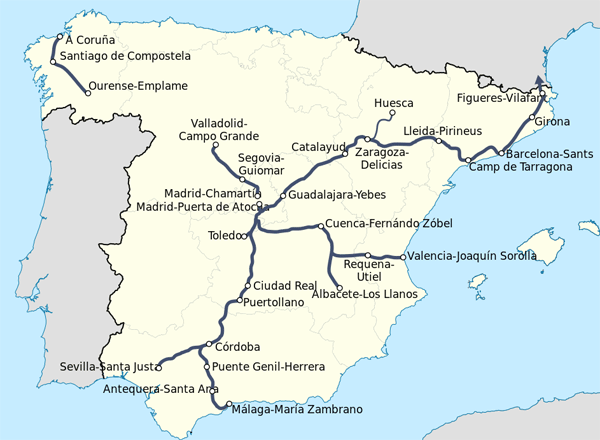 mapa de líneas de AVE en España