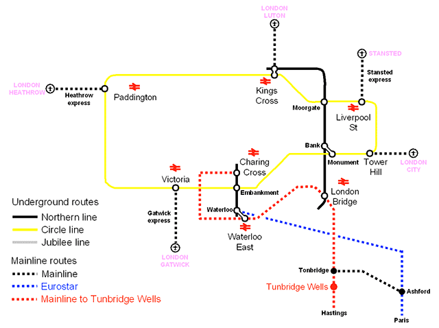 mapa de conexiones de tren y metro con los aeropuertos de Londres